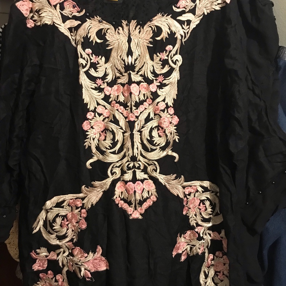 Black Top with Pink and Cream Embroidery